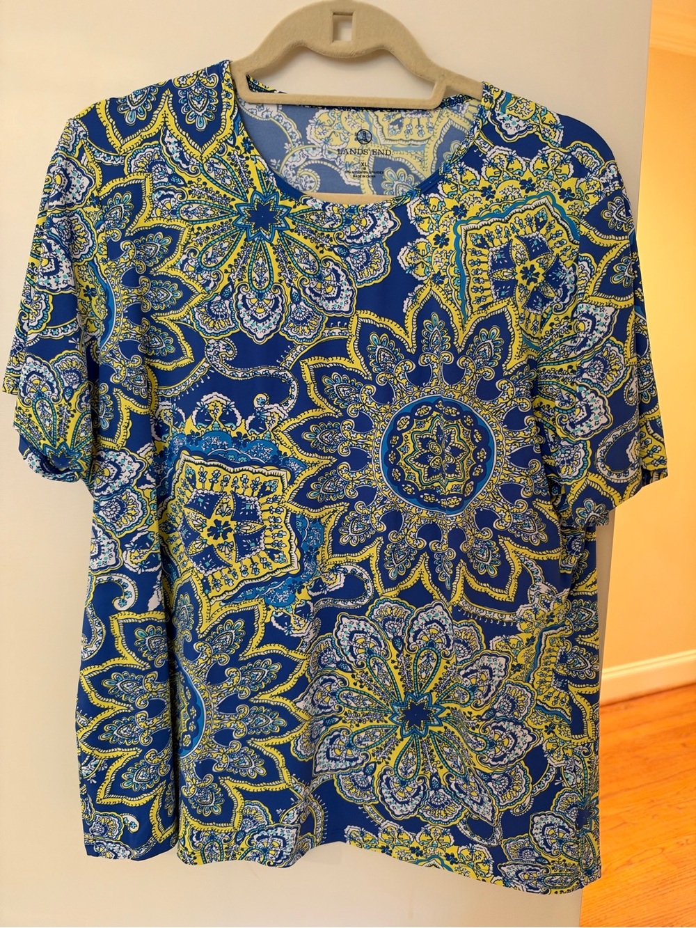 Lands' End Blue & Yellow Paisley Short-Sleeve Top Rash Guard - Women